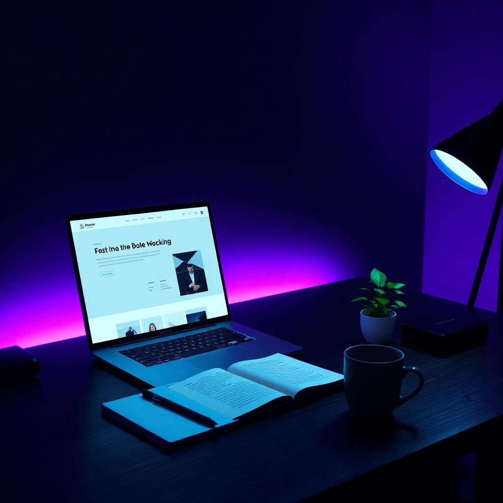A laptop showing a website mockup on a desk with warm ambient light
